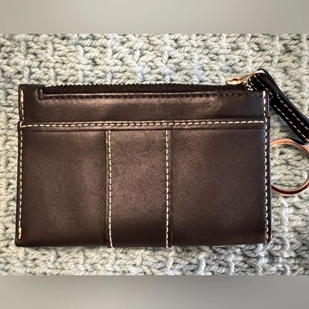 Coach Legacy Dark Brown Leather Contrast Stitch Key Ring Coin Case Wallet
